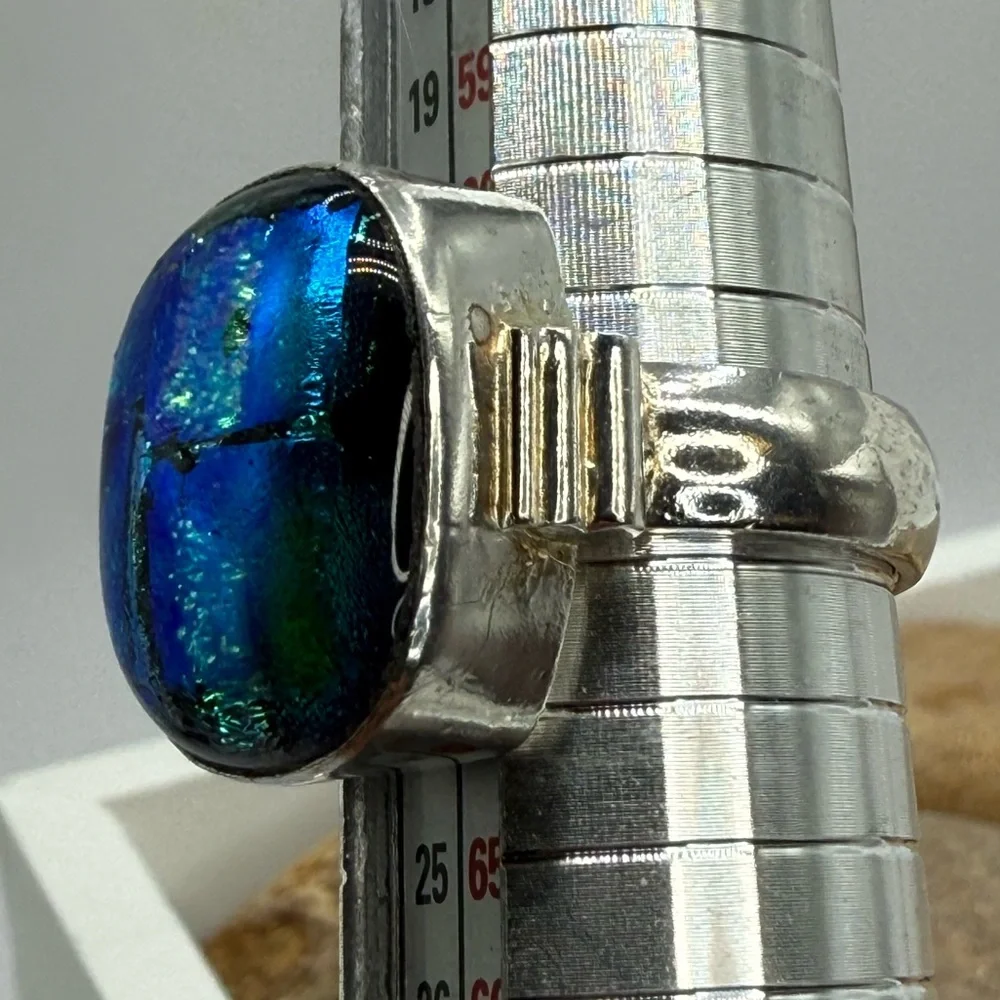 Sterling Silver Multicolor Blue Dichroic Glass Statement Ring Size 10 – 10.6g